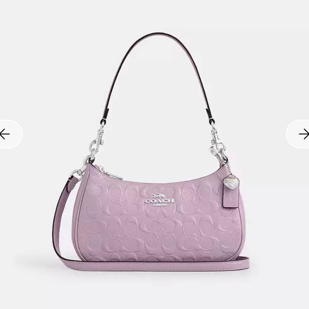 Coach Lilac Embossed Signature Shoulder Bag with Silver Hardware